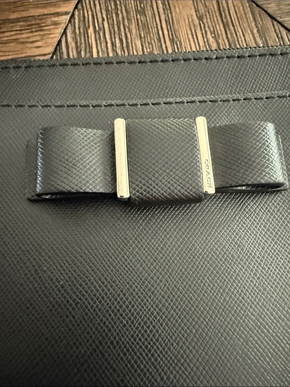 Coach Darcy Bow Wristlet Clutch Black Saffiano Leather Silver Hardware